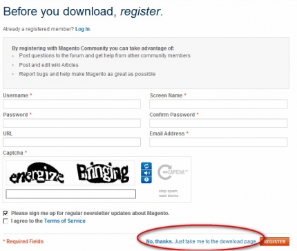 Auf der Magento-Download-Seite muss man sich nicht registrieren. Ein Klick auf den Link "No. Thanks..." genügt.
