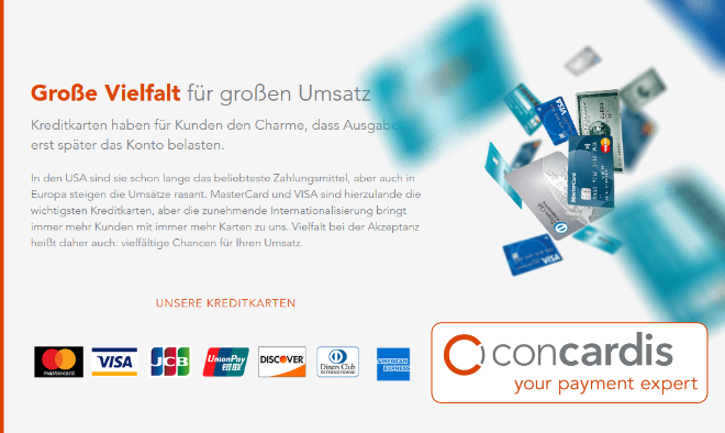 Concardis bietet viele Zahlungslösungen wie Kreditkarte, Rechnung, Sofortüberweisung und Lastschrift, inkl. Betrugsprävention